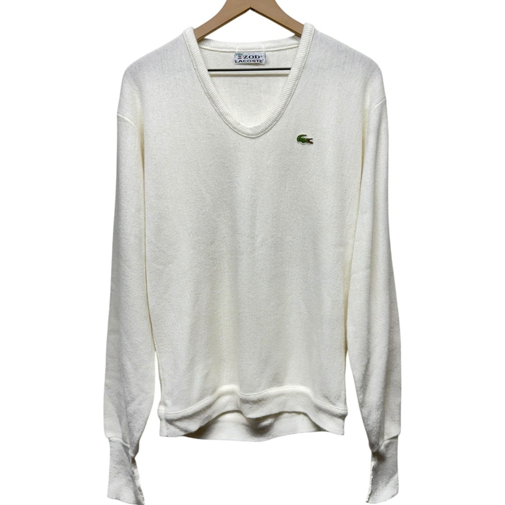 Vtg 70s Izod Lacoste White V-Neck Pullover Sweater Sz XL‎ Acrylic Preppy